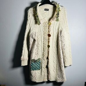 Lee Andersen Cream Cable Knit Embellished Cardigan Sweater Coat Size M